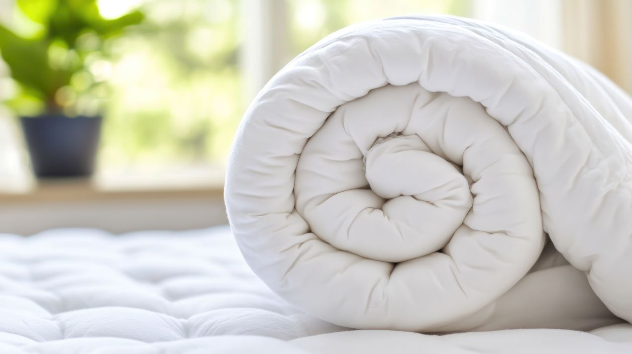Ein hochwertiger, gerollter Matratzentopper 90x200 auf einer Matratze, ideal für besseren Schlaf und zusätzliche Druckentlastung.