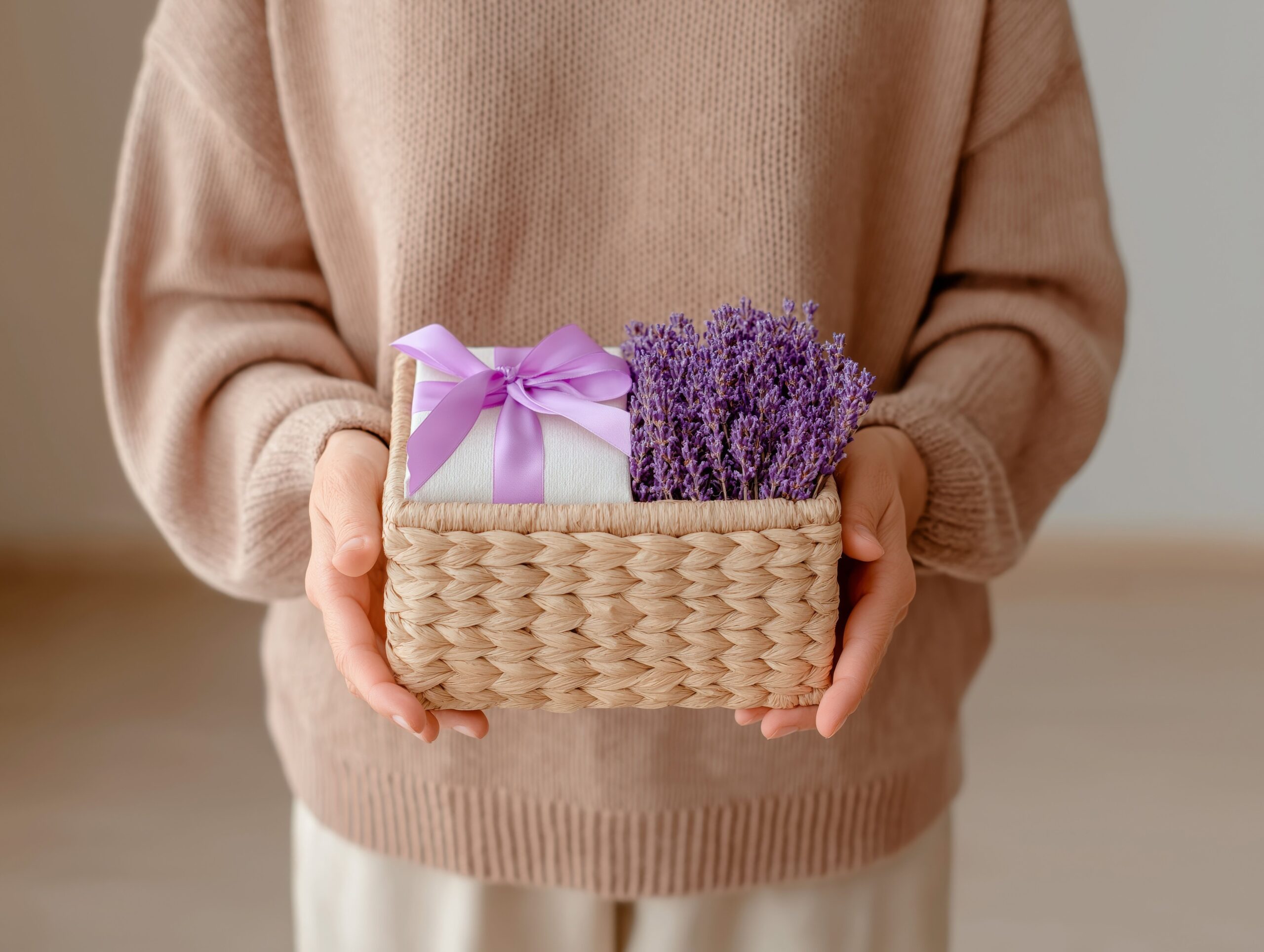Persönlich überreichter Präsentkorb mit Lavendel und Geschenk in natürlichen Farben