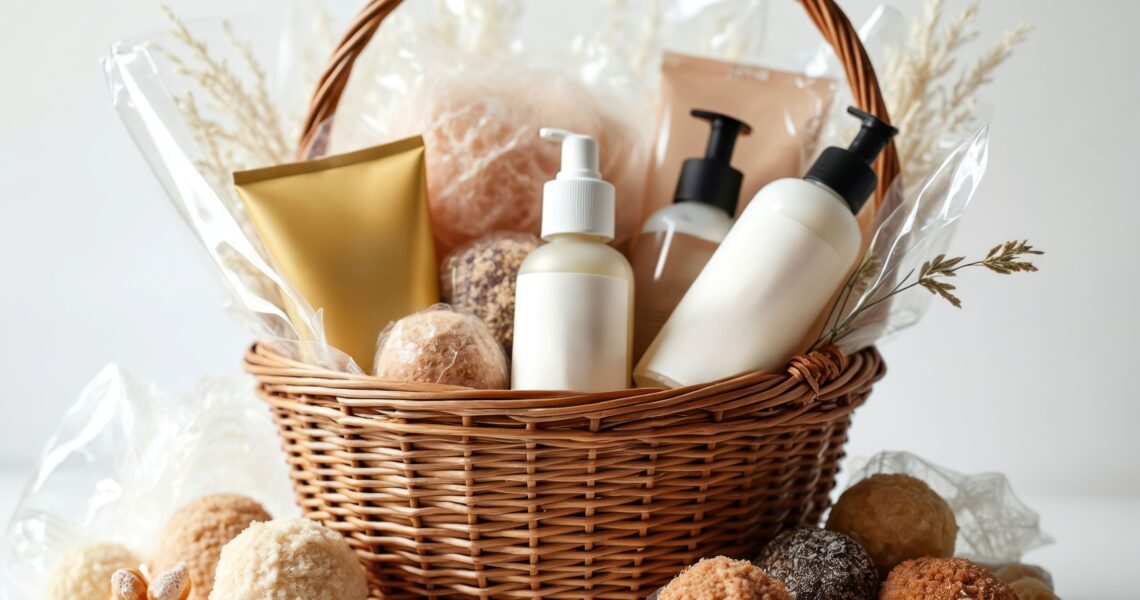 Präsentkorb mit Kosmetik und Süßwaren in einem hochwertigen Geschenkkorb