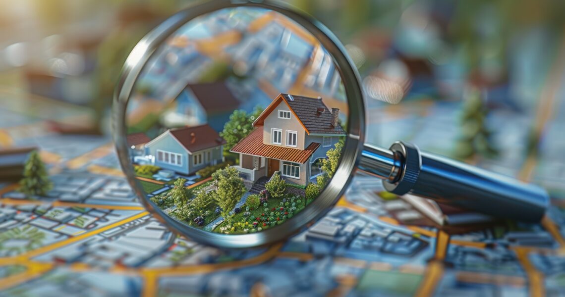 Hausmodell unter Lupe auf Stadtkarte | Immobilienbewertung Stuttgart