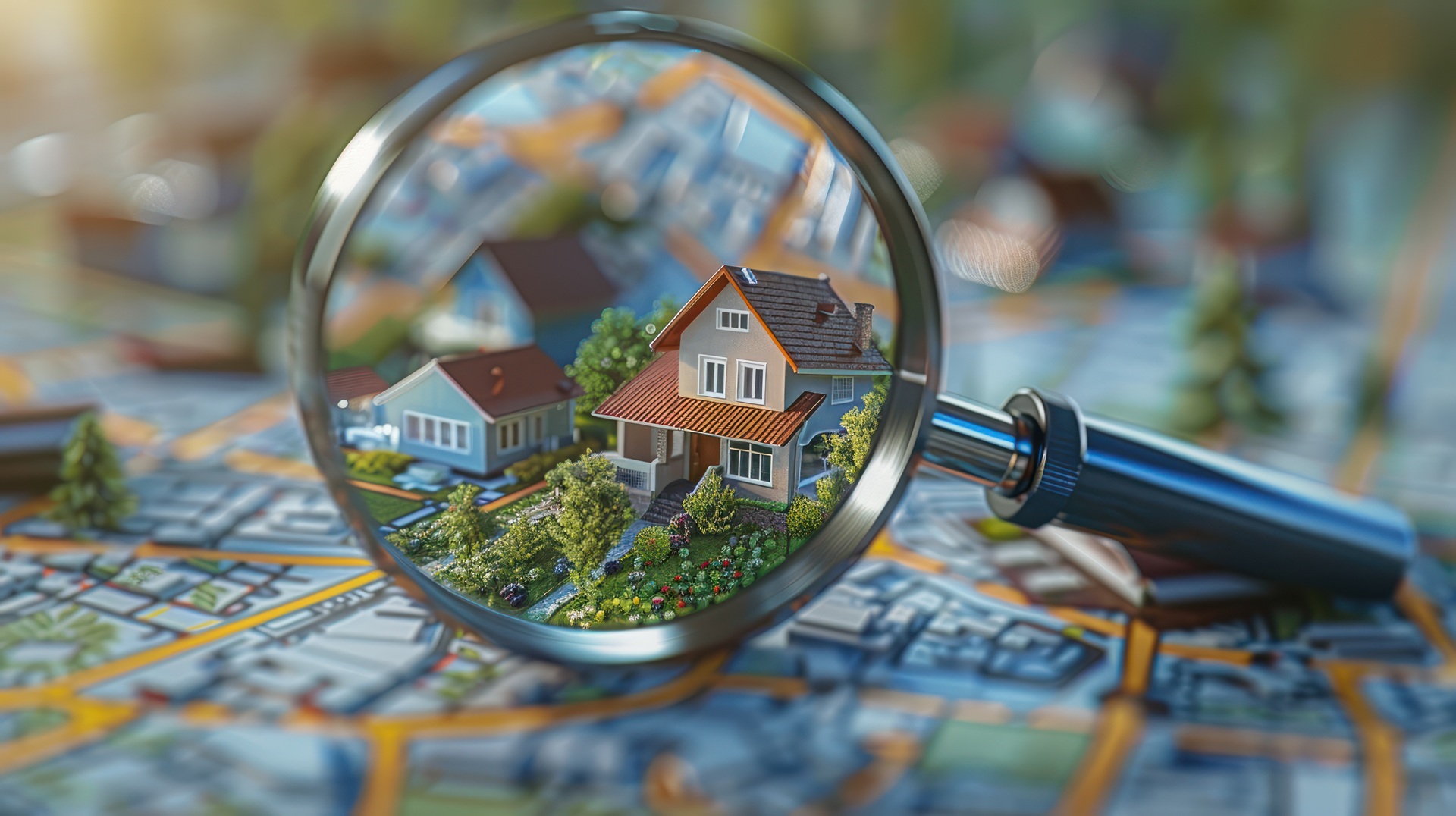 Hausmodell unter Lupe auf Stadtkarte | Immobilienbewertung Stuttgart